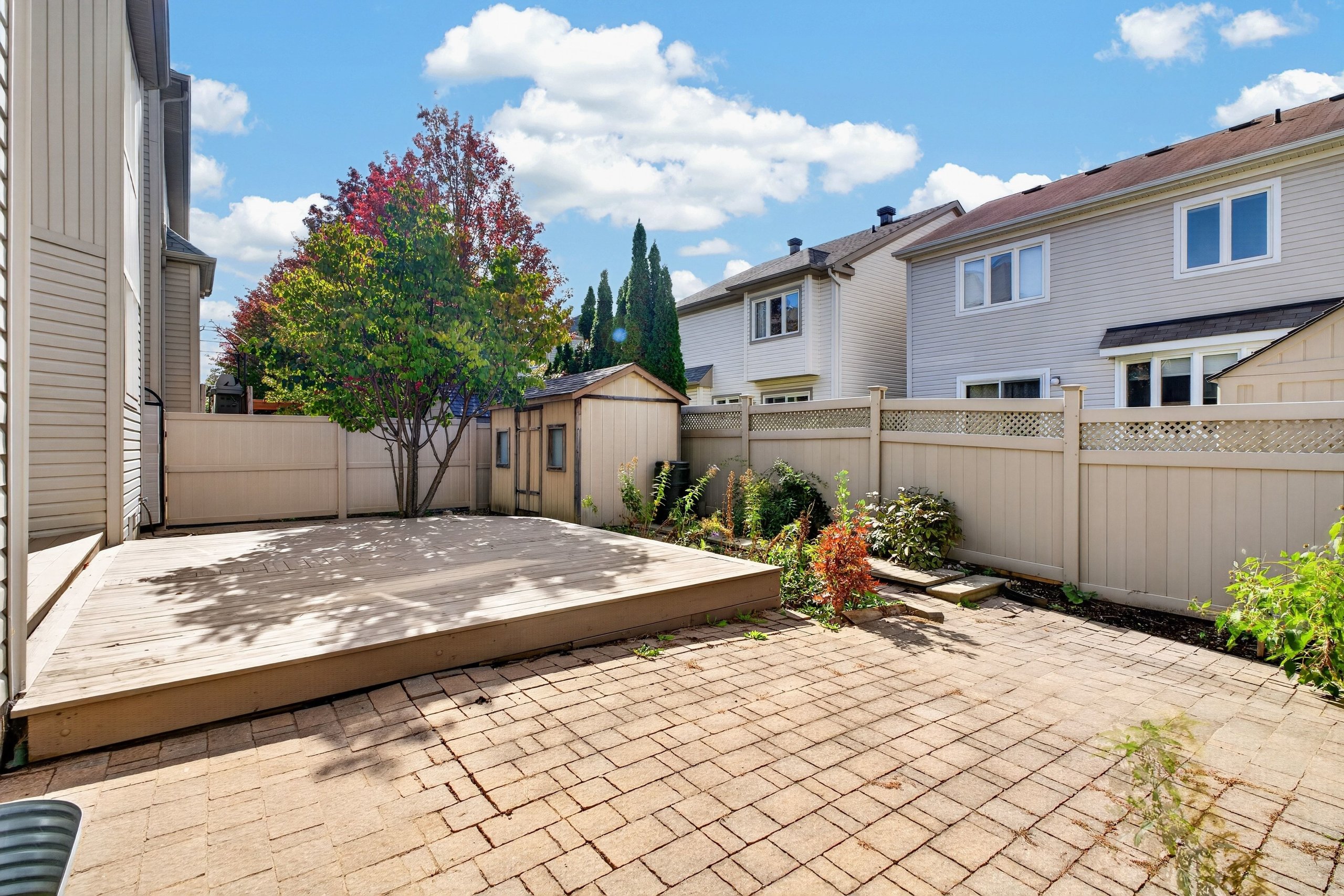 Hedged rear yard with interlock patio